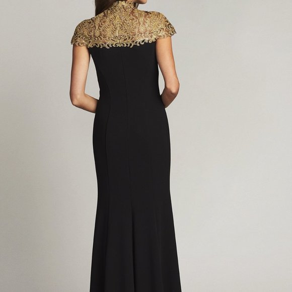 NWT Tadashi Shoji Rasha Embroidered Illusion Gown Dress Black Gold - Picture 2 of 2